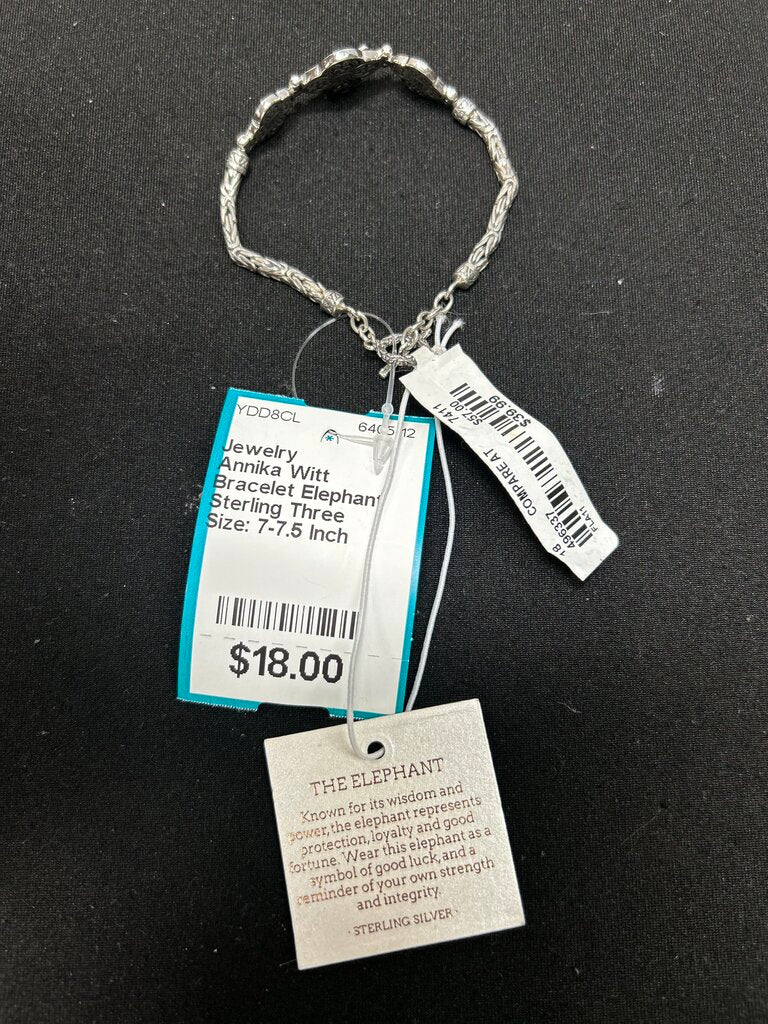 Annika Witt Sterling Three Elephant Bracelet with toggle clasp 7-7.5 inches