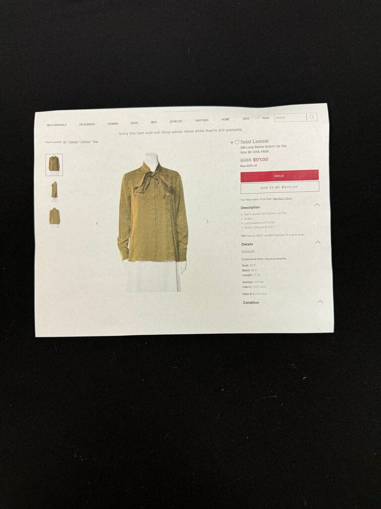 AUTHENTIC Saint Laurent Silk Button Up Top